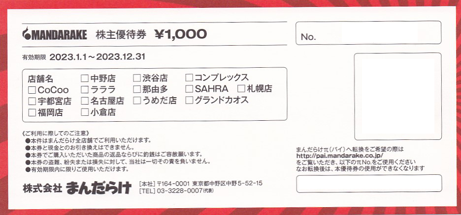 まんだらけ 株主優待(20,000円分)優待券/割引券