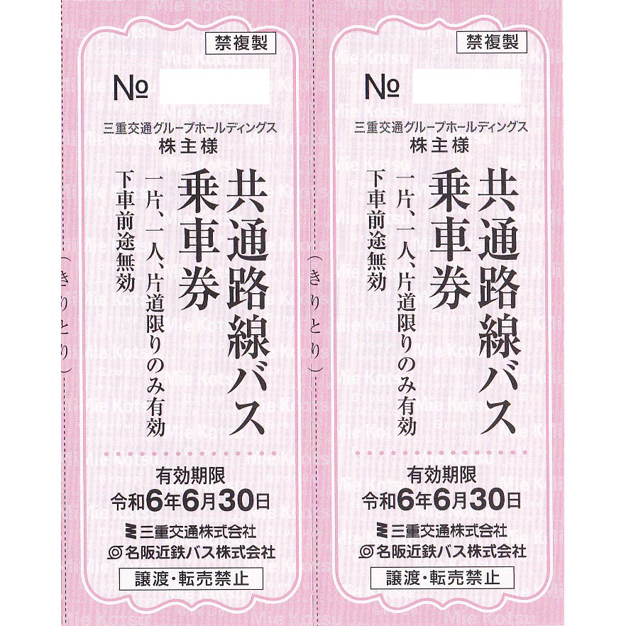 三重交通・名阪近鉄バス(共通路線バス片道乗車券)(2枚)(R6.6.30)