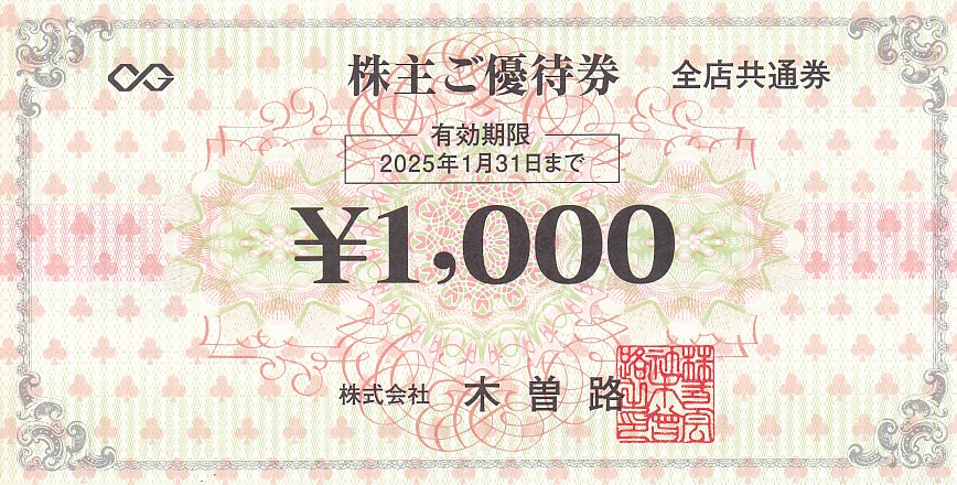 木曽路株主優待券(1,000円券)(2025.1.31)
