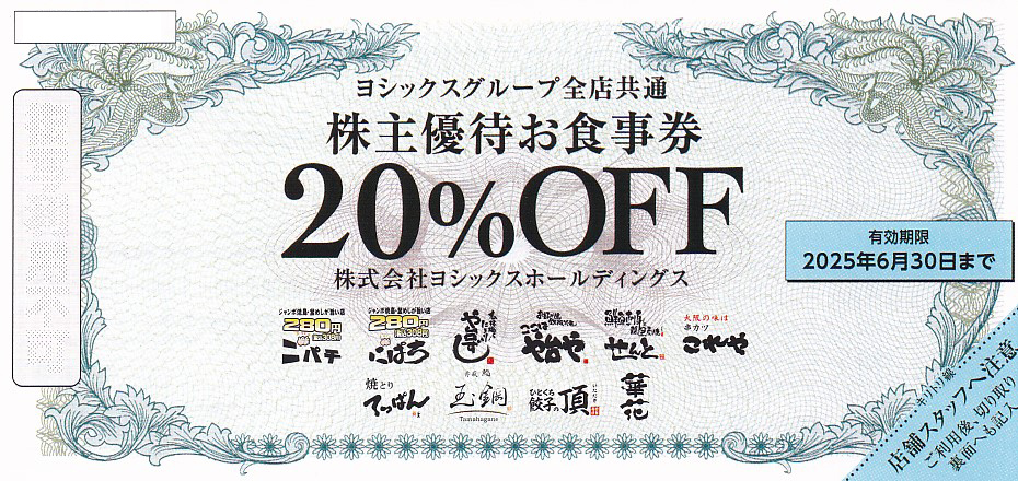 や台や(ヨシックス)株主優待券 (20％OFF券)(2025.6.30)