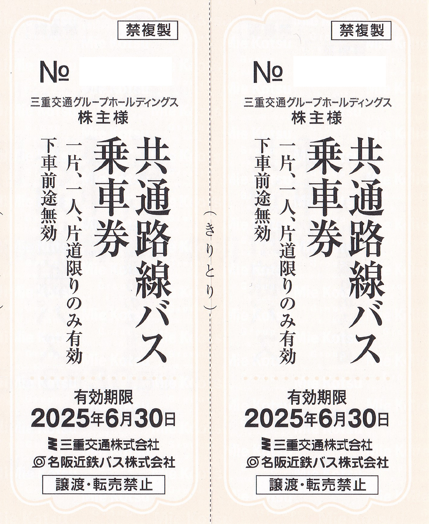 三重交通・名阪近鉄バス(共通路線バス片道乗車券)(2枚)(2025.6.30)