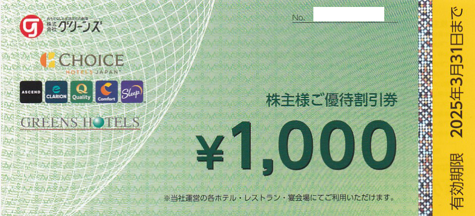 グリーンズ株主優待券(1,000円券)(2025.3.31)