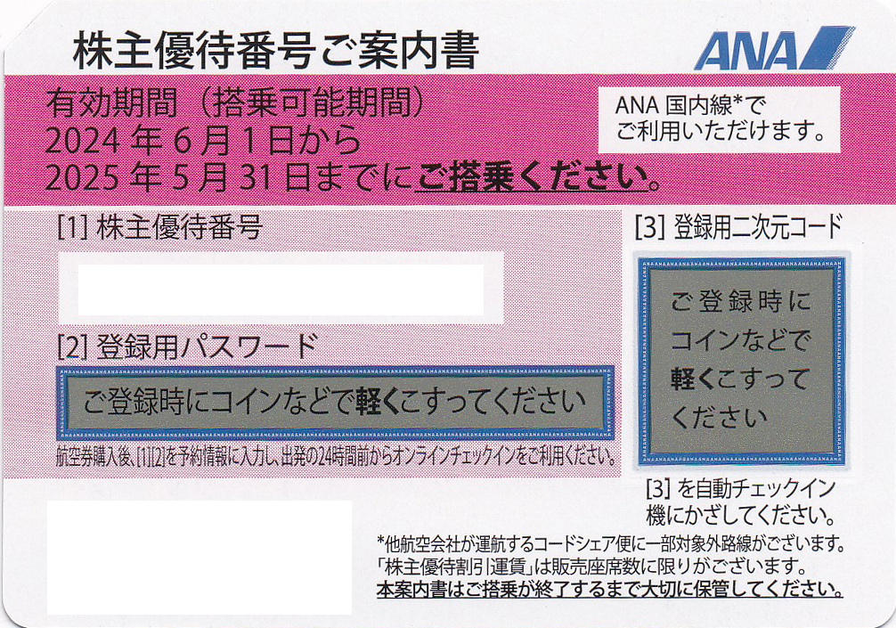 ANA株主優待券(株主優待番号案内書)(2025.5.31)