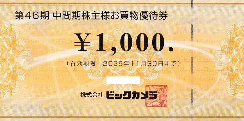 ビックカメラ株主優待券(1,000円券)(2026.11.30)