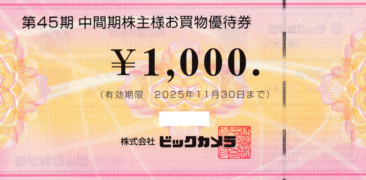 ビックカメラ株主優待券(1,000円券)(2025.11.30)