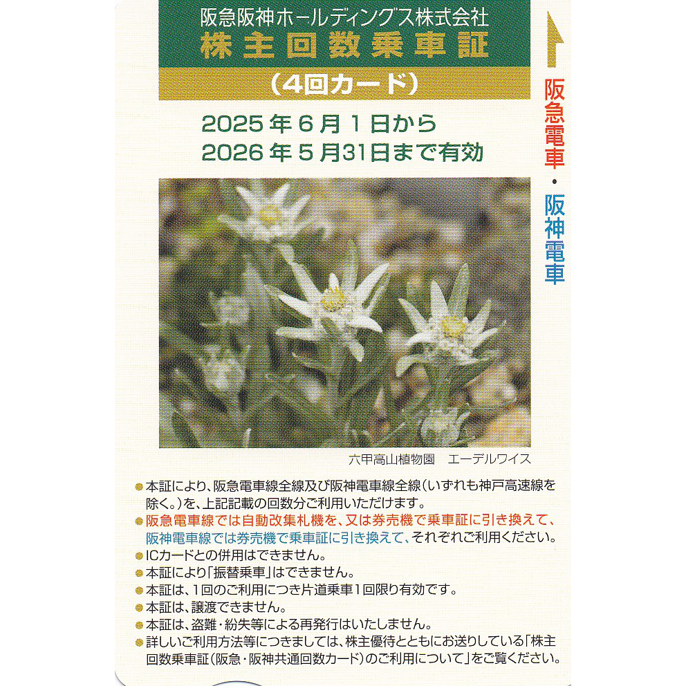 阪急阪神株主優待回数乗車証(4回カード)(2026.5.31)