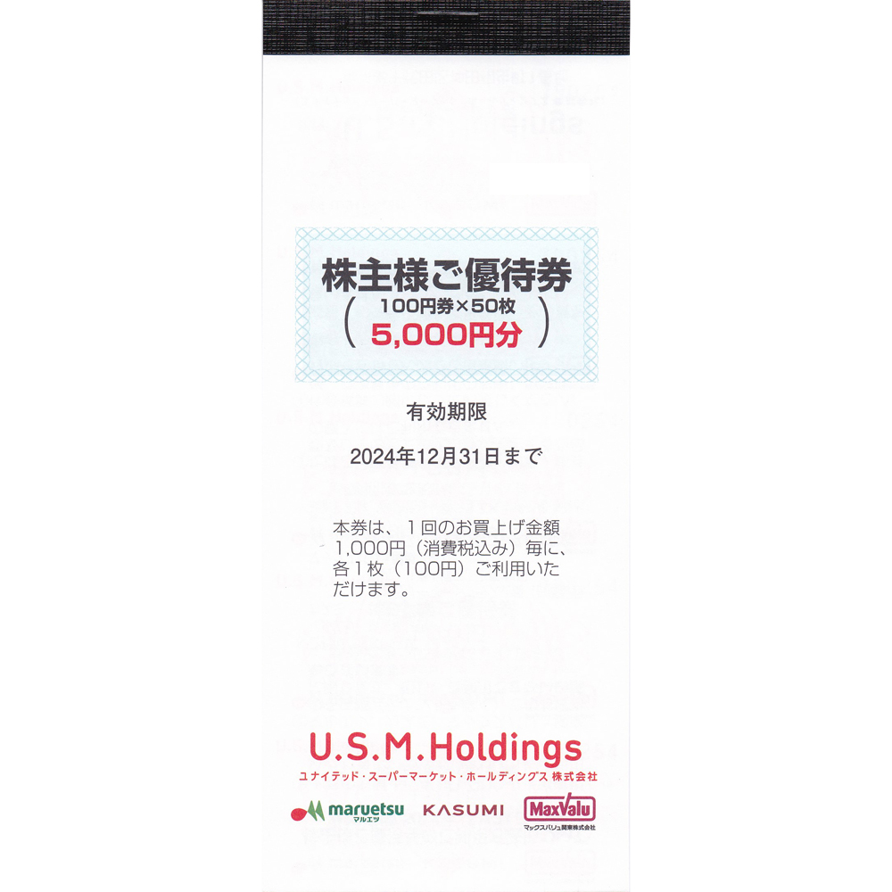 ユナイテッド・スーパーマーケット・HD株主優待券(100円割引券)(50枚綴)(冊子)(2024.12.31)