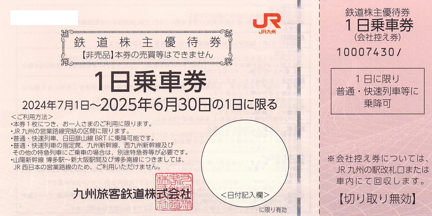 JR九州鉄道株主優待券(1日乗車券)(2025.6.30)