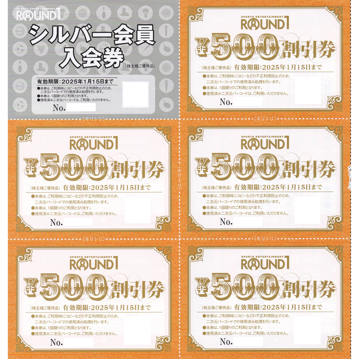 ラウンドワン株主優待券(500円割引券5枚＋シルバー会員入会券)(2025.1.15)