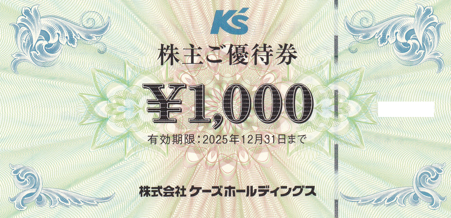 ケーズデンキ株主優待券(1,000円券)(バラ売)(2025.12.31)
