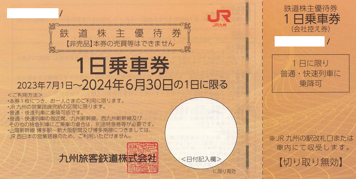 JR九州鉄道株主優待券(1日乗車券)(2024.6.30)