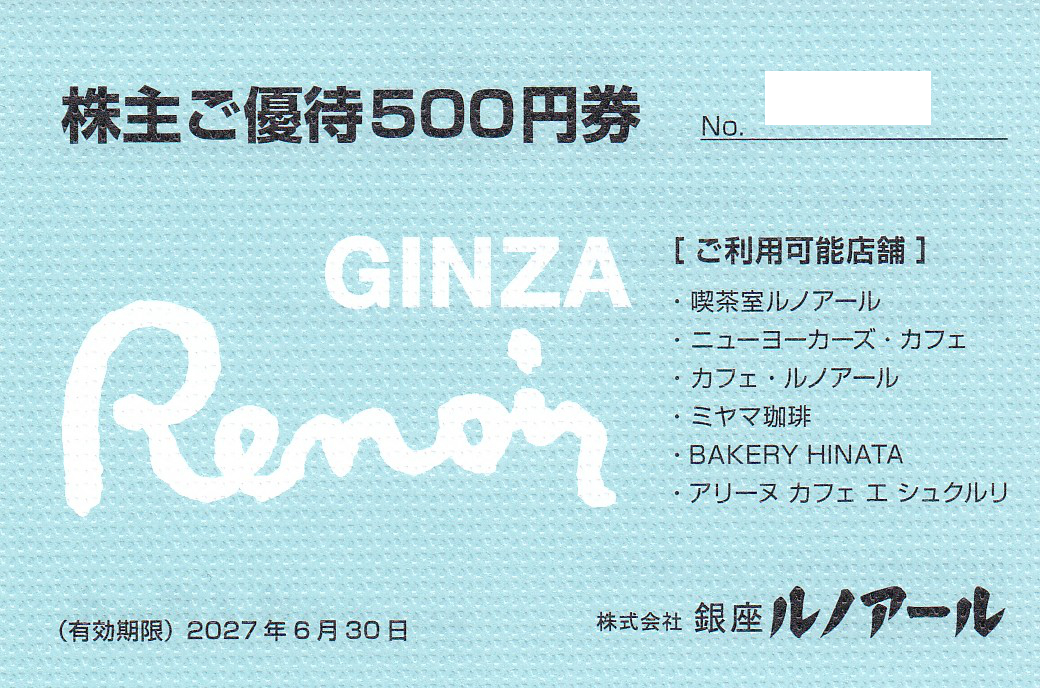 銀座ルノアール株主優待券(500円券)(2027.6.30)