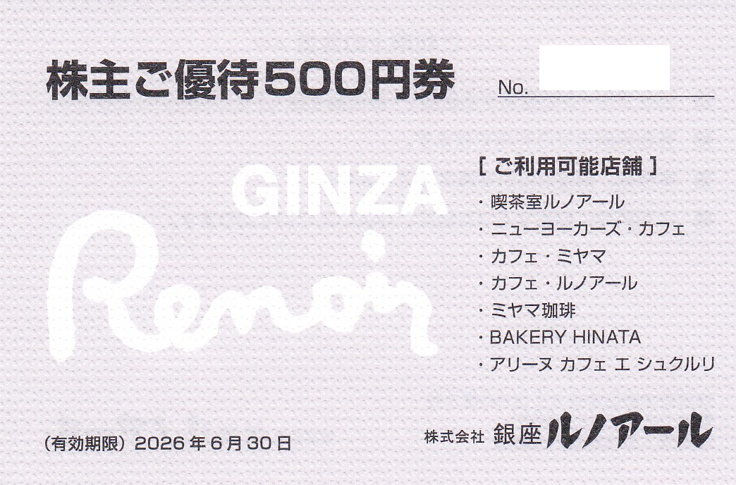 銀座ルノアール株主優待券(500円券)(2026.6.30)