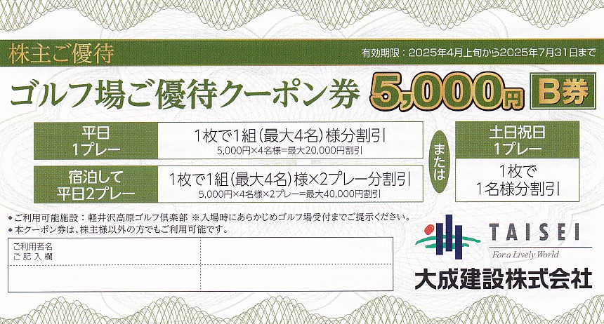 軽井沢高原ゴルフ倶楽部5,000円(Ｂ券)(大成建設株主優待)(2025.4上旬から2025.7.31)