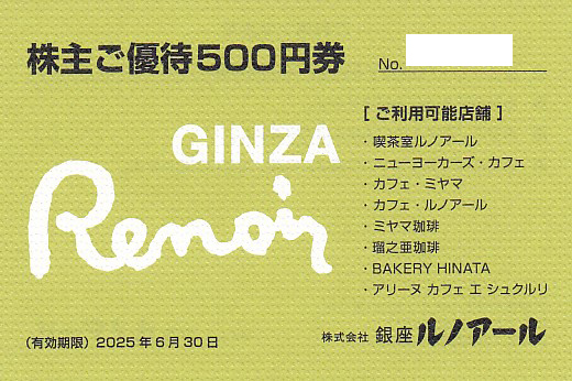 銀座ルノアール株主優待券(500円券)(2025.6.30)