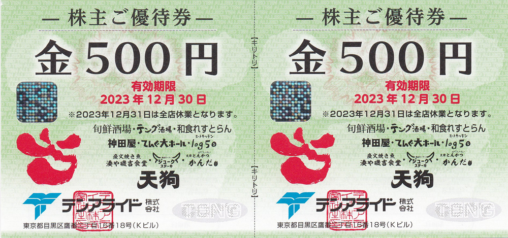 テング酒場(テンアライド)株主優待券(500円券)(2枚綴)(2023.12.30)