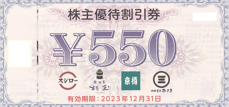 スシロー株主優待割引券(550円割引券)(2023.12.31)