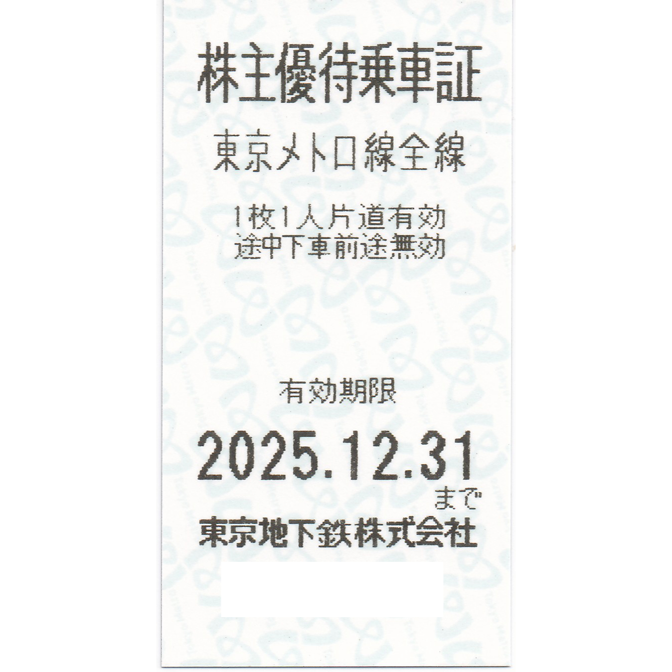 東京地下鉄 株主優待乗車証(東京メトロ線全線)(きっぷ)(2025.12.31)