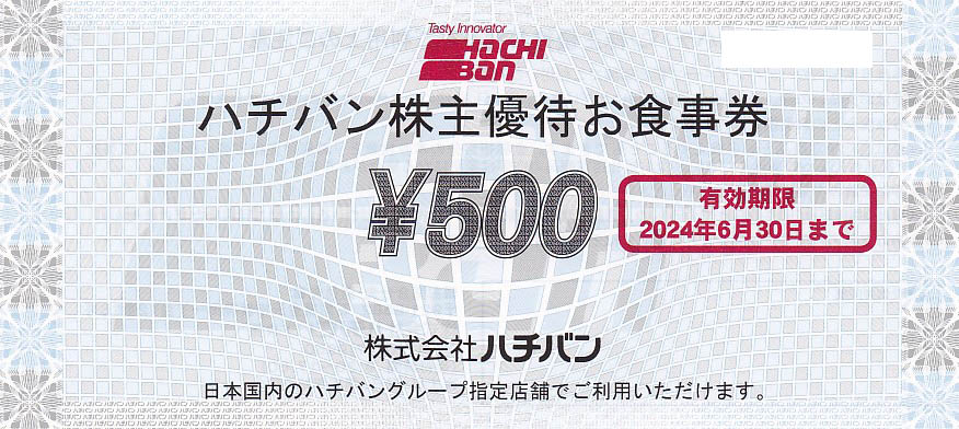 ８番らーめん(ハチバン)株主優待券(500円券)(2024.6.30)