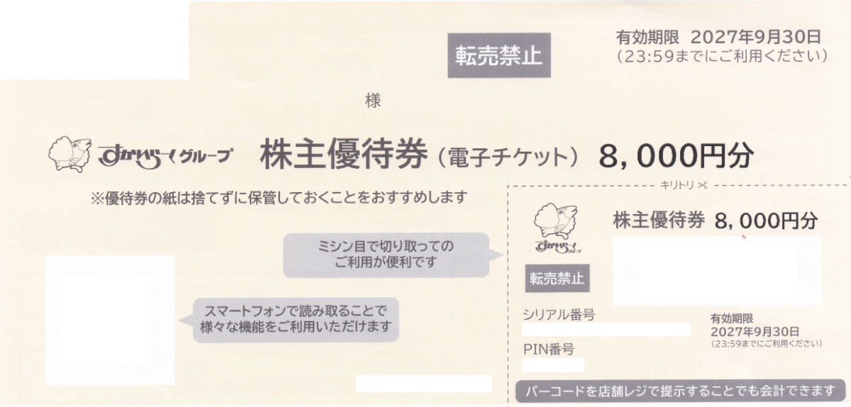 ガスト・バーミヤン(すかいらーく)株主優待券(8,000円)(2027.9.30)