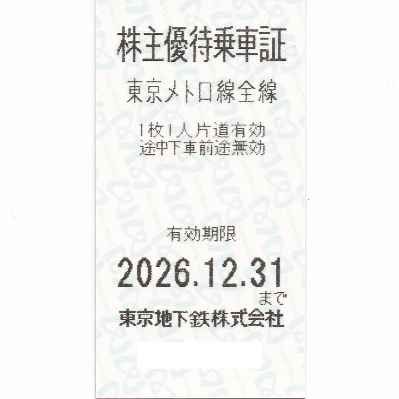 東京地下鉄 株主優待乗車証(東京メトロ線全線)(きっぷ)(2026.12.31)