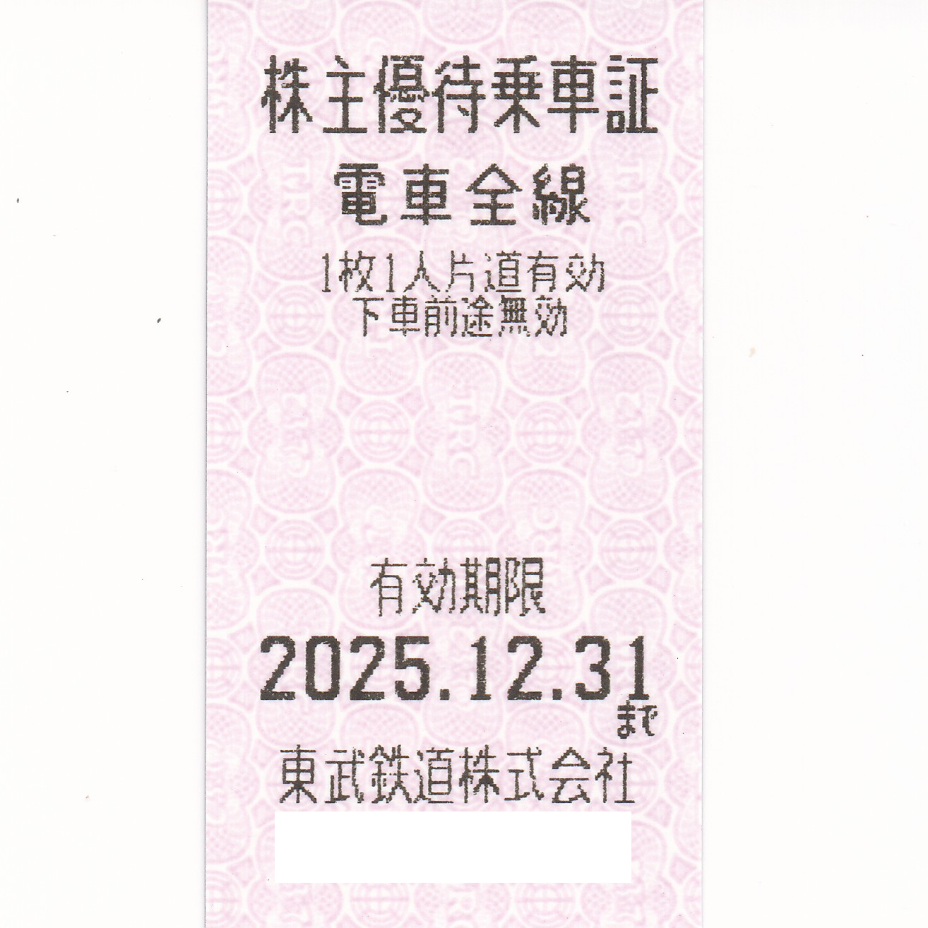 東武鉄道株主優待乗車証(電車全線)(きっぷ)(2025.12.31)