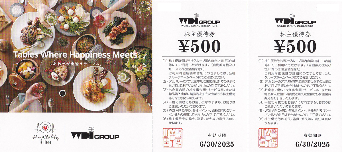 カプリチョーザ(WDI)株主優待券(500円券)(2枚綴)(2025.6.30)