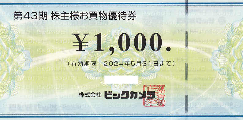 ビックカメラ株主優待券(1,000円券)(2024.5.31)