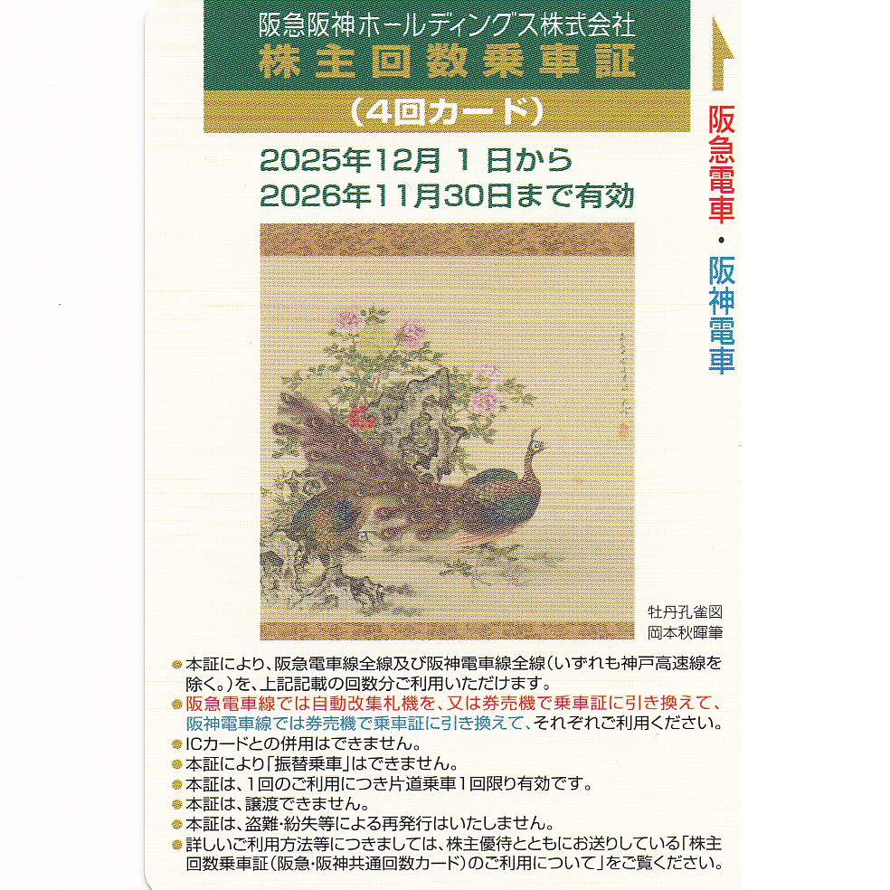阪急阪神株主優待回数乗車証(4回カード)(2026.11.30)