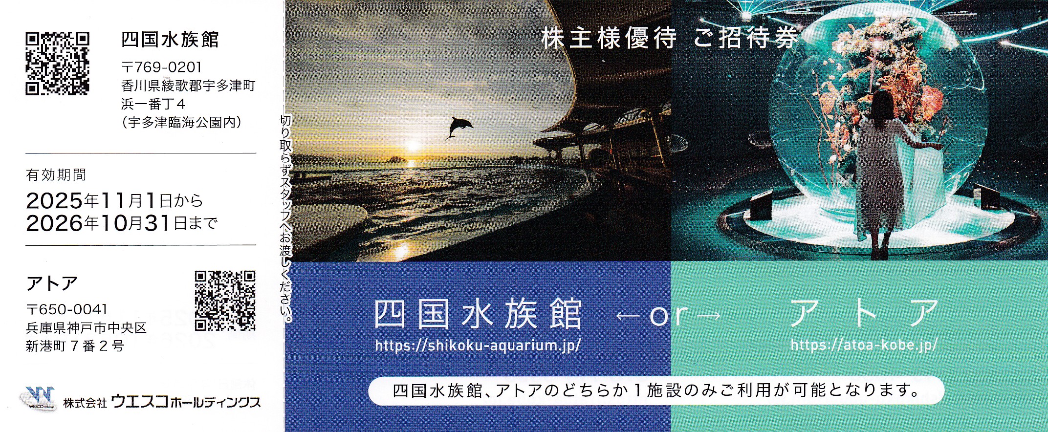 四国水族館/アトア・招待券(ウエスコ株主優待券)(2026.10.31)