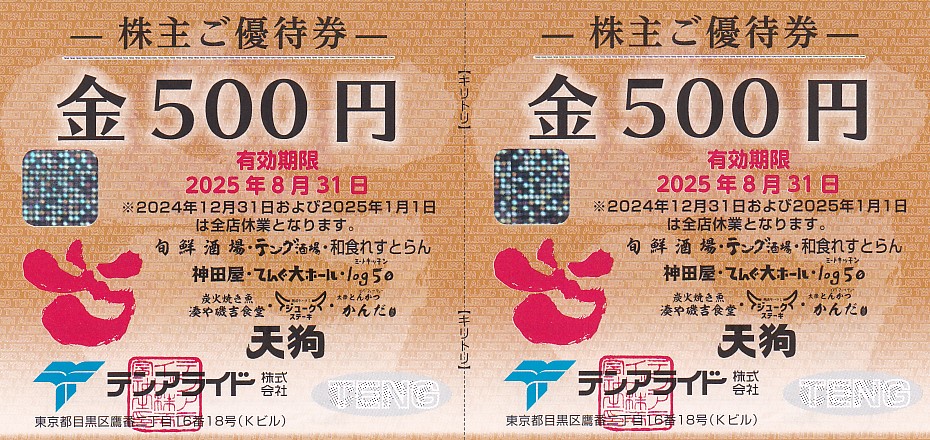 テング酒場(テンアライド)株主優待券(500円券)(2枚綴)(2025.8.31)