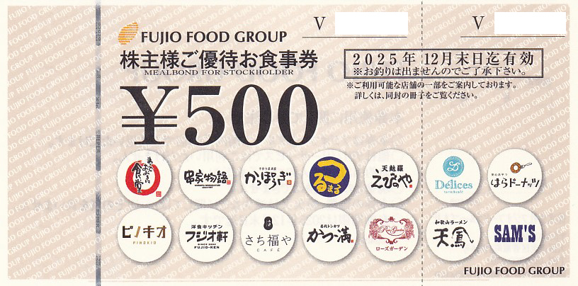 まいどおおきに食堂(フジオフードグループ)株主優待券(500円券)(2025.12)