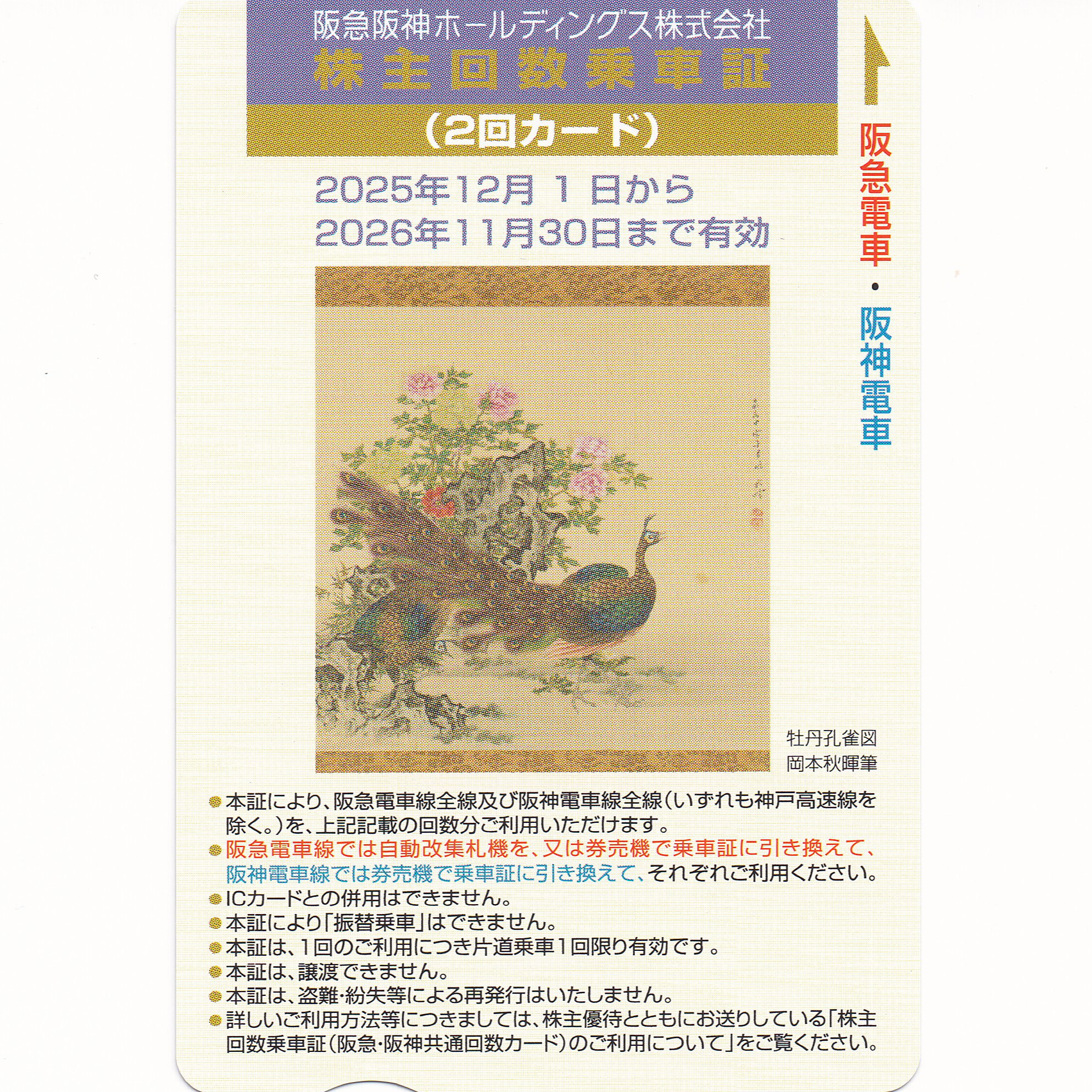 阪急阪神株主優待回数乗車証(2回カード)(2026.11.30)