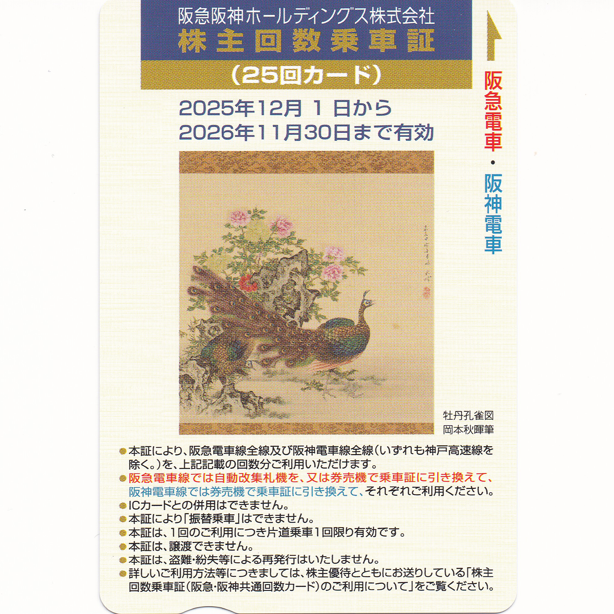阪急阪神株主優待回数乗車証(25回カード)(2026.11.30)